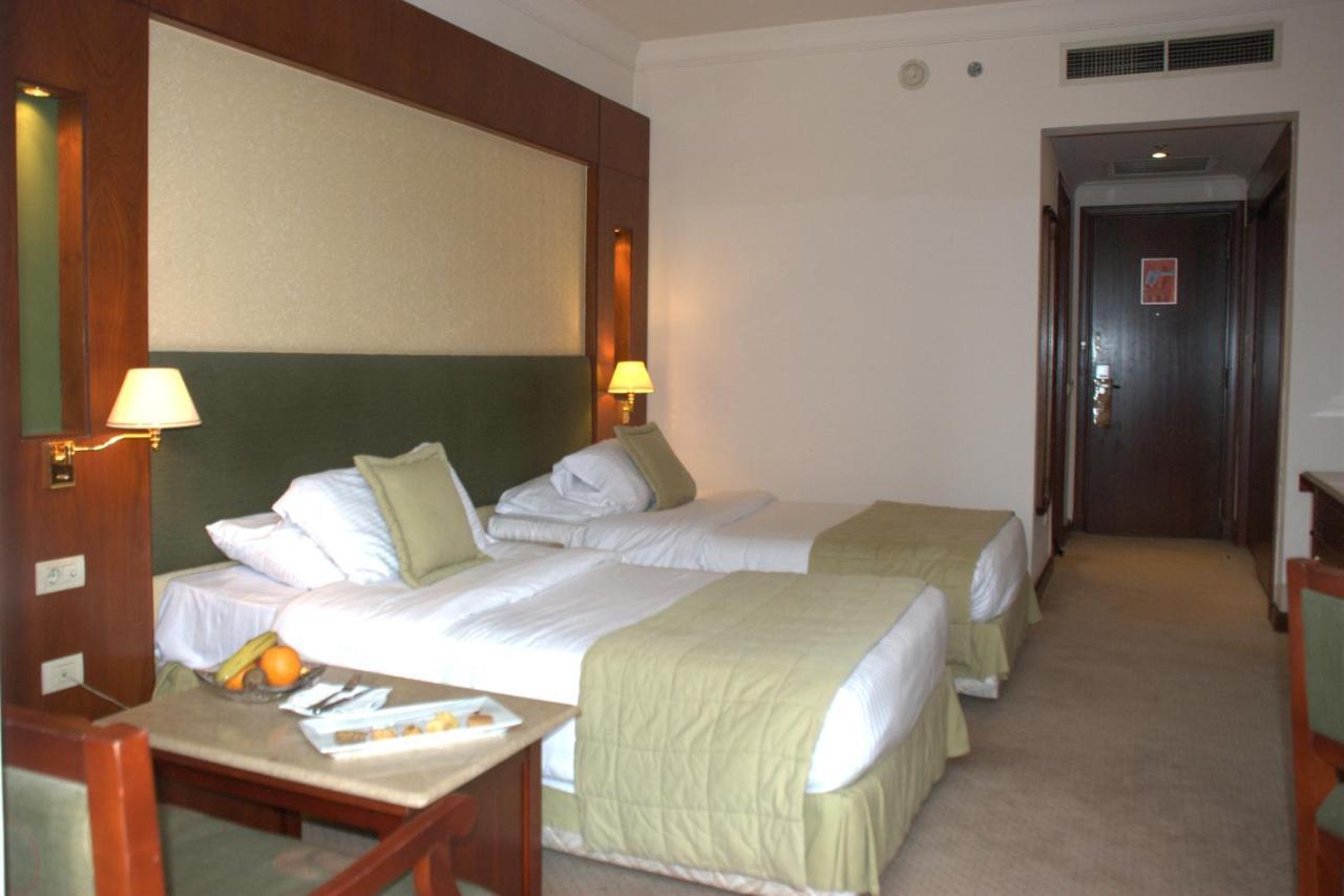 Safir Hotel Cairo Giza Room photo The photo shows a hotel room featuring two single beds with light green bedspreads and white linens. There are bedside lamps on either side of the beds, and the headboard has a soft, textured design. A small seating area is visible with a wooden chai